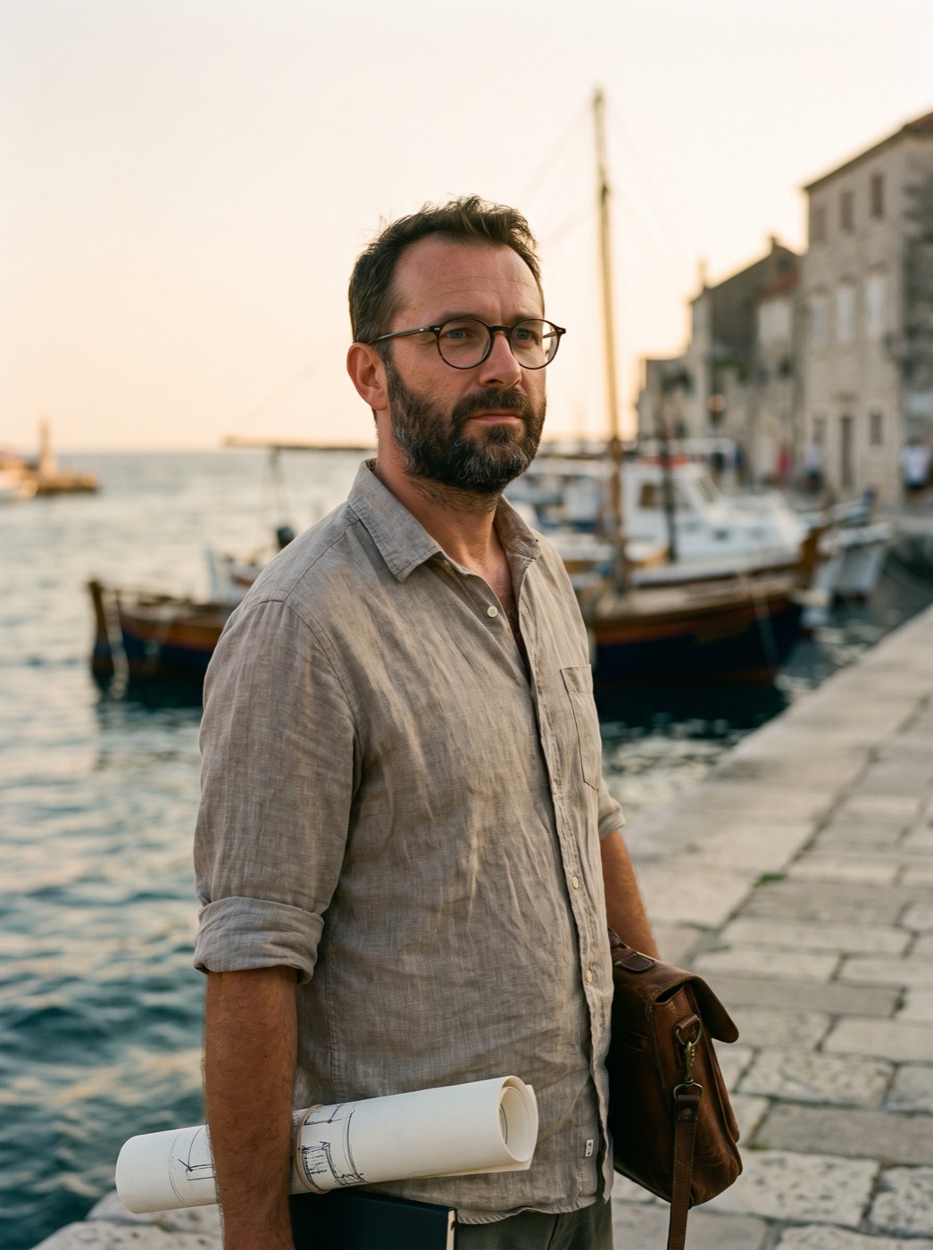 Jurij Lah, an architect with glasses and a beard, on the harbour at evening