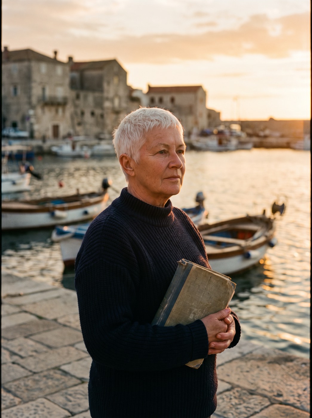 Nika Brenko, a woman in her sixties in a navy sweater, holding an old ledger on the quay