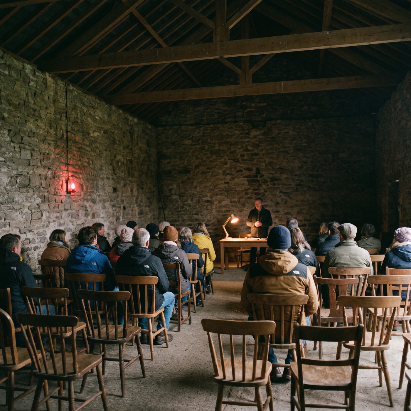 A talk in the old salt store: rows of wooden chairs, a speaker at a table under one lamp