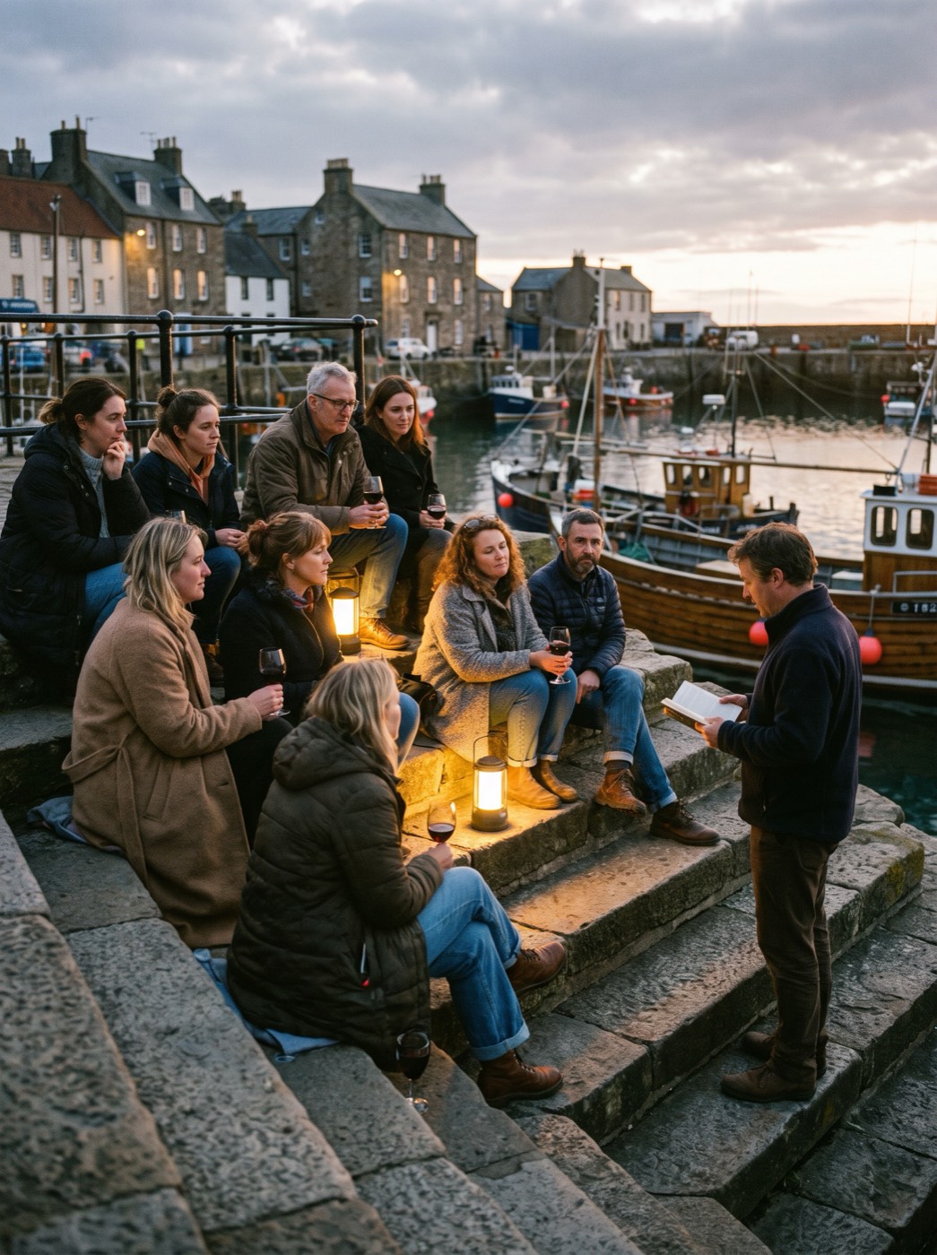 People listening to a reading on the stone steps by the harbour